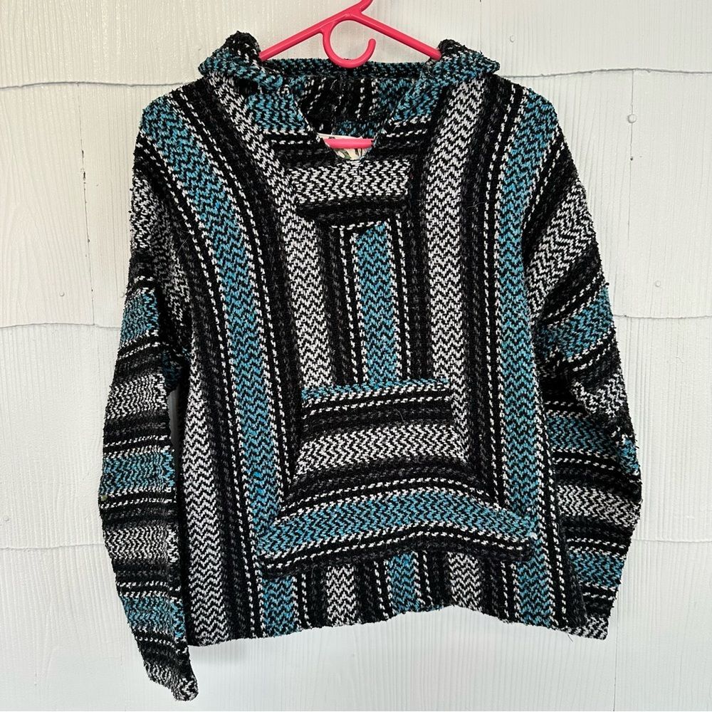 Baja Joe Small Blue Striped Hippie Knit Baja Rug Surfer Poncho Vintage Blanket